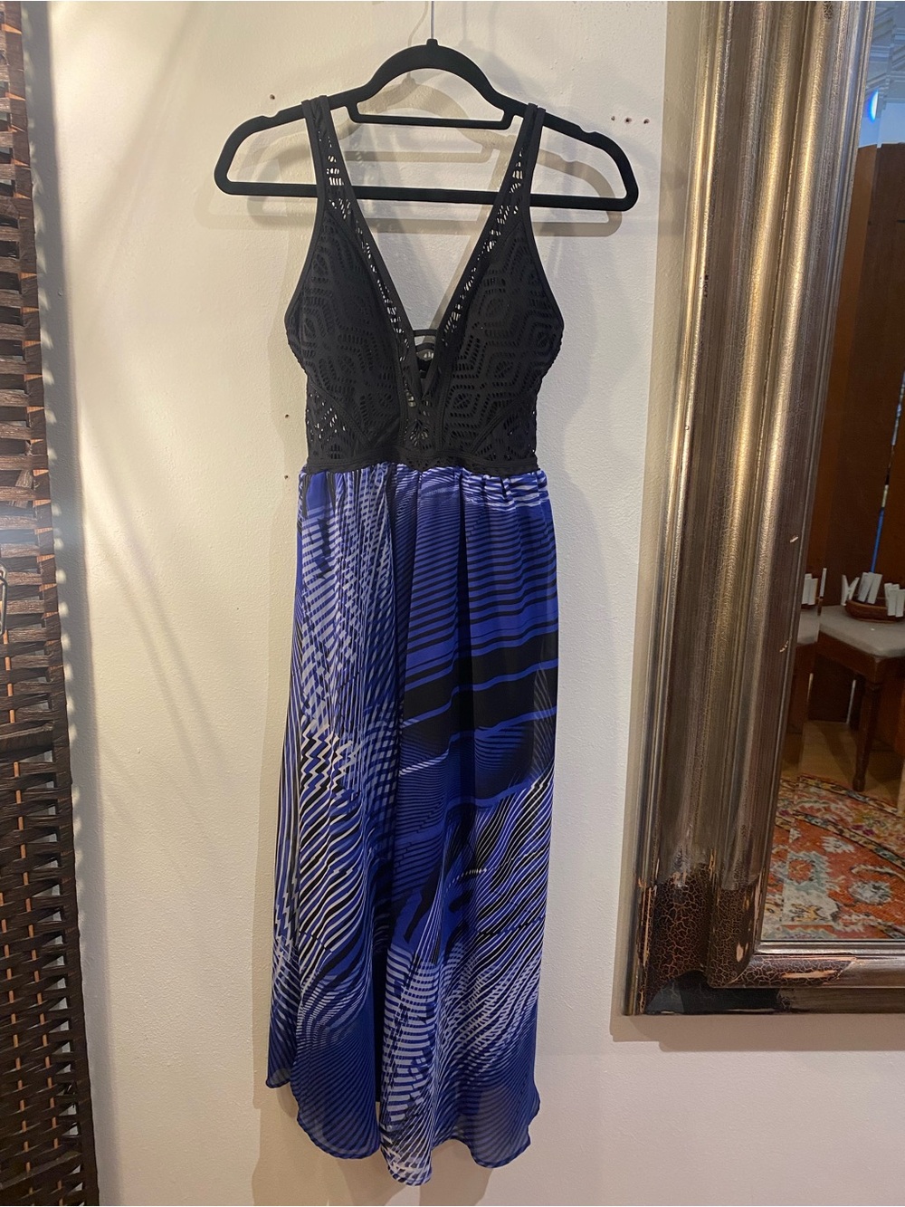 OOAK Upcycled Swim top Black & Blue V-Neck Lace Bodice Maxi Dress